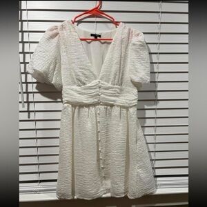 White Textured Puff Sleeve Dress